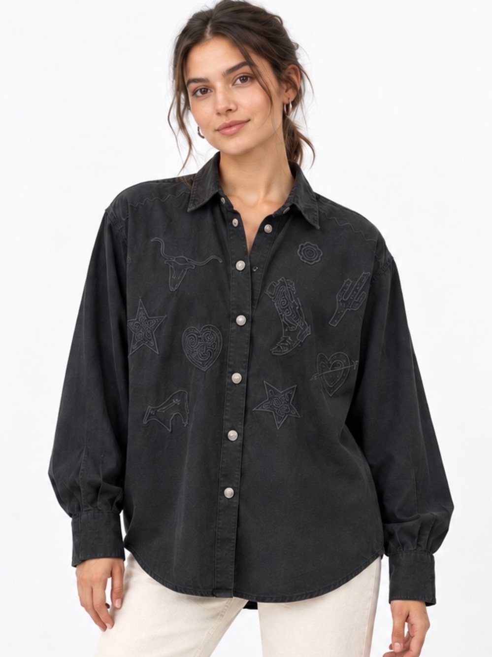 Vintage 90s Black Embroidered Western Shirt Ranch & Town Panhandle Slim Small